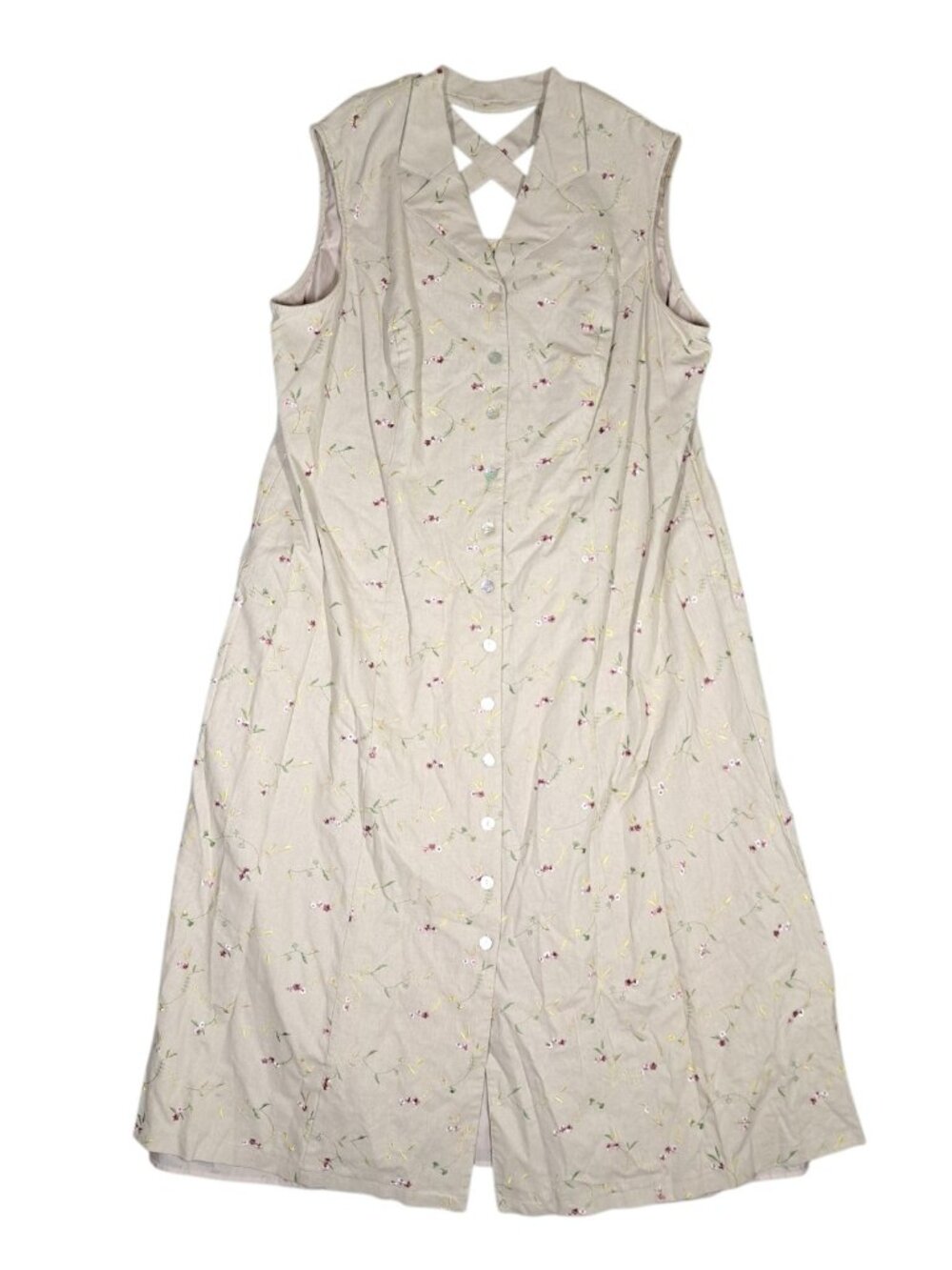 Sheri Martin Linen Dress Cottagecore Farmhouse Sleeveless Floral Beige 24W Vtg